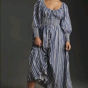 Anthropologie Blue and White Striped Smocked Waist Midi Dress